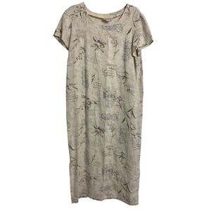 Sweet Jessie Linen Blend Floral Script Maxi  Dress Beige Short Sleeve Size L
